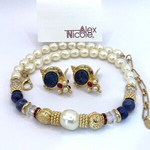 Alex Nicole For 1928 Pearl Lapis Gold Tone Red Necklace Clip On Earrings Set Vtg
